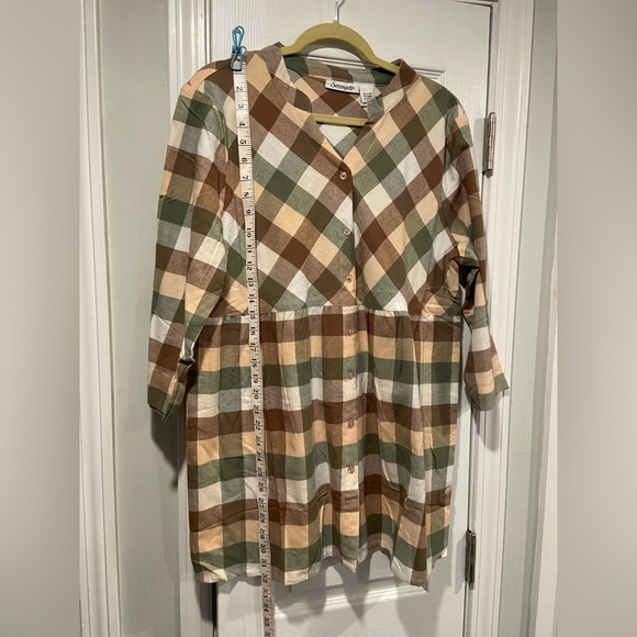 NWOT Serengeti Size L Long Sleeve Sage Pink Check Flannel Button Up Mini Dress - Picture 8 of 10
